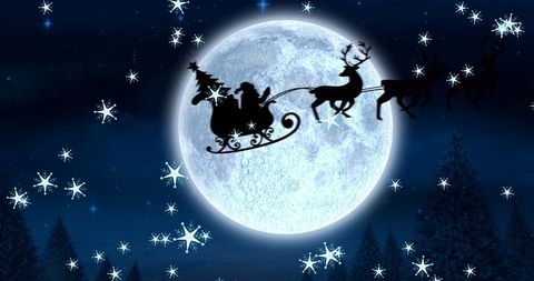 Santa Sleigh Silhouette Flying Across Moonlit Sky on Christmas Eve