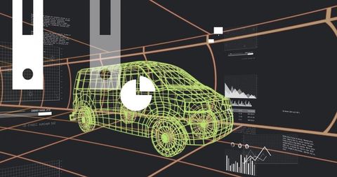 Futuristic 3d wireframe van model with data visualization