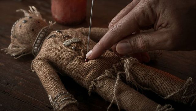 Pressing Needle into Burlap Voodoo Doll with Red Pin Stain on Rustic Wooden Surface