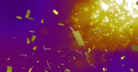 Sending golden burst and confetti over purple background for celebration and party designs