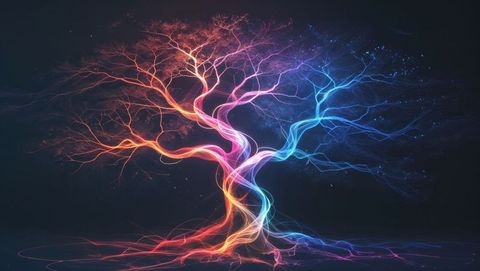 Neon light dreaming tree with luminous swirling energy