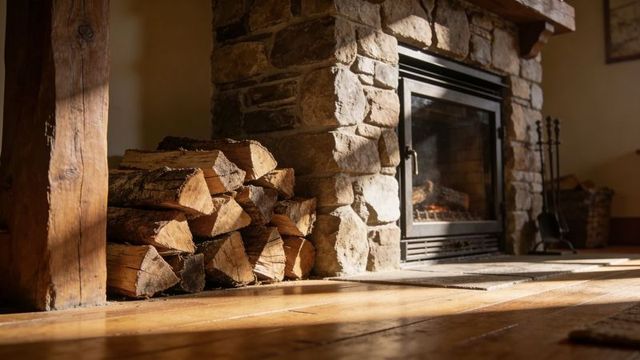 Sunlit rustic living room with stacked firewood by stone hearth and cozy sunbeams on hardwood floor