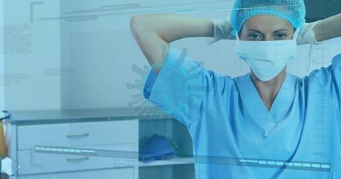 Nurse Adjusting Protective Equipment with Futuristic Digital Overlay