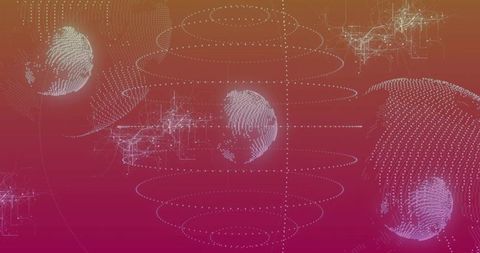 Floating digital globe forming point cloud with orbital dotted rings and neon wireframe