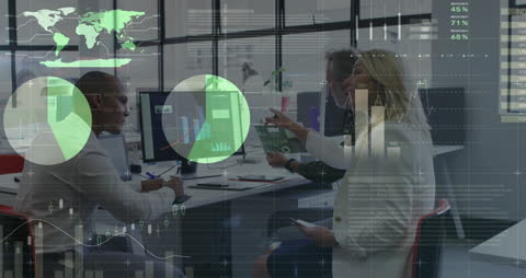 Business Team Analyzing Data with Digital Graphics Interface