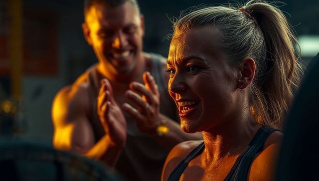 Motivated fitness woman training in gym with encouraging coach