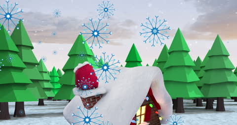 Wintry Cartoon Christmas Scene with Snowflakes and Evergreen Trees