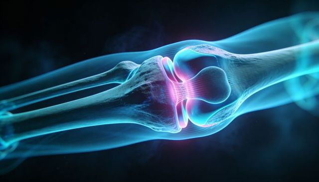 Translucent Knee Joint Visualization Highlighting Glowing Cartilage and Bones in 3D Render