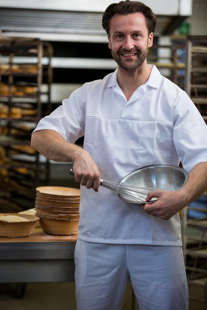 Portrait of smiling baker holding a bowl and a whisk