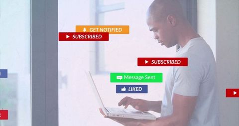 Man engaging with social media in modern workspace