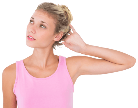Transparent Blonde Woman in Pink Top Looking Up Thoughtfully