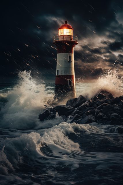 Lighthouse and stormy seas at night, created using generative ai technology. Building, sea, sailing and nature concept digitally generated image.