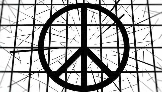Monochrome backlit peace symbol sculpture over window grid with radiating rods