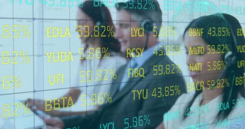 Call Center Workers with Financial Data on Digital Screen