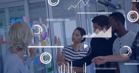 Diverse Team Analyzing Analytics on Digital Glass Interface