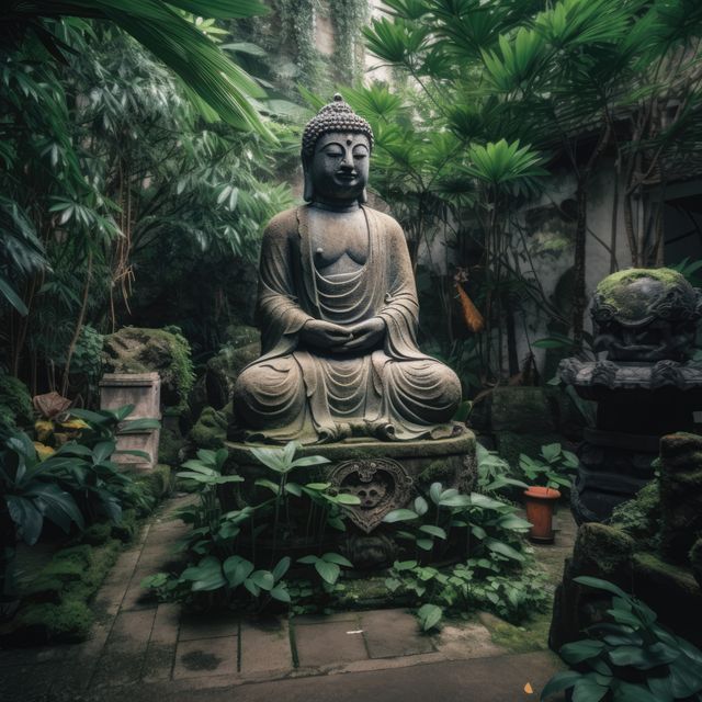 A serene Buddha statue surrounded by lush green foliage, creating a tranquil and peaceful atmosphere. This peaceful scene evokes feelings of meditation and spirituality. Ideal for use in promoting wellness, meditation centers, or as a visual relaxation aid. Great for themes of nature, zen, and mindfulness.