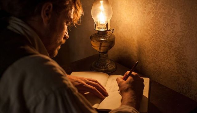 Writing by Oil Lamp: Man Penning Journal in Warm Vintage Lamplight, Cozy Intimate Mood