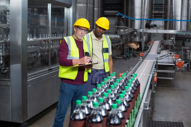 Two factory workers monitoring cold drink bottles at drinks production plant