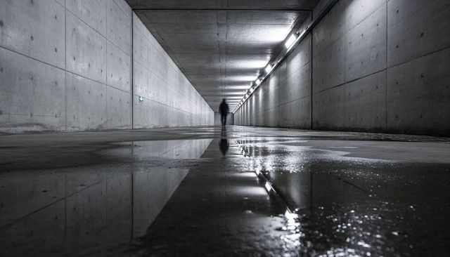 Lone figure walking through wet concrete tunnel under fluorescent lights, urban solitude