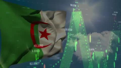 Algerian Flag Overlaying Financial Data and Stock Market Charts
