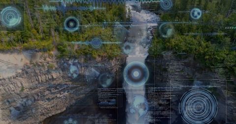 Cascading Waterfall in Forest with Digital Data Interface Overlay