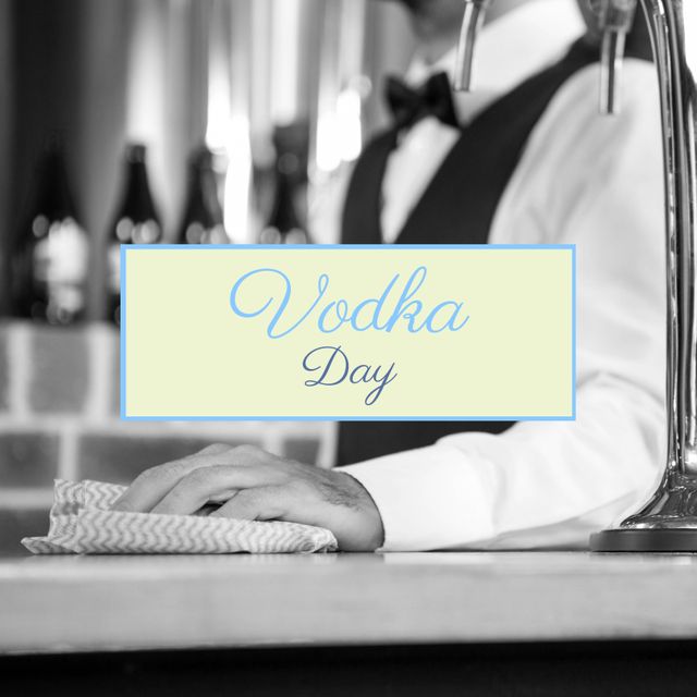 Image of vodka day over midsection of caucasian male barman in black and white. Alcohol, beverage and party concept.