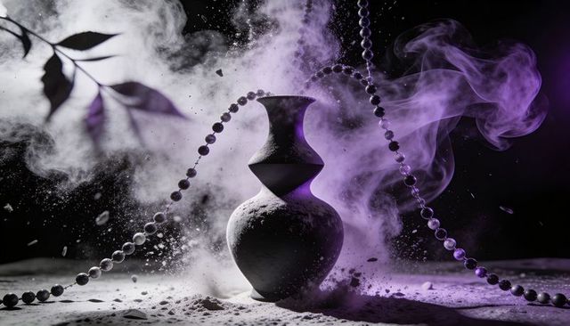 Double-gourd ceramic vase with suspended pearl beads and purple smoke moody still life