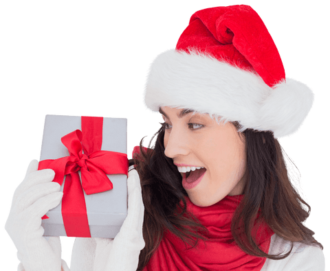 Transparent Joyful Woman in Santa Hat with Gift Box
