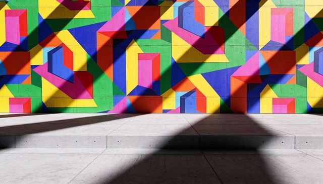 Colorful Geometric Mural with 3D Block Illusions and Diagonal Shadows on Concrete Wall