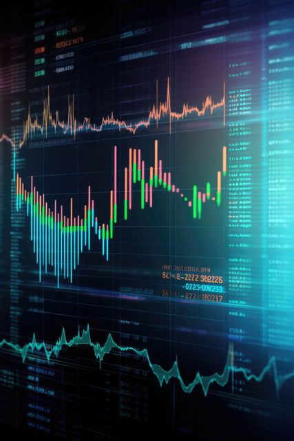 Dynamic representation of stock market data on a digital screen with colorful graphs and charts. Useful for financial reports, marketing materials for trading companies, and illustrating analytical articles related to finance and investments.