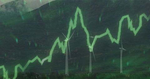 Sustainable future with wind turbines and green energy graph overlay