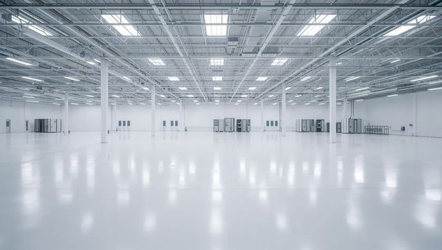 Expansive polished warehouse interior with glossy epoxy floor and sterile high ceiling