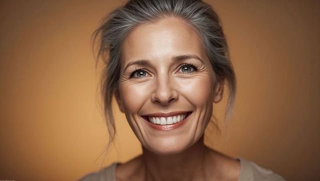 Smiling mature woman showing laugh lines and gray hair, warm amber close-up portrait