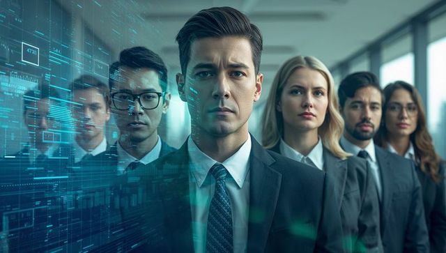 Corporate Leaders with Holographic Data Display