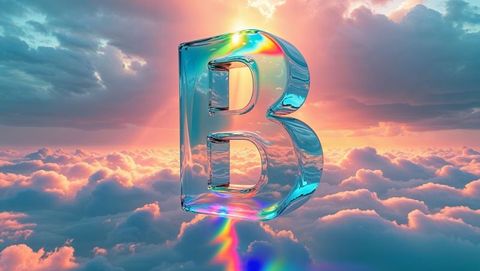 Translucent 3d letter b with rainbow rays in cloudy dawn sky