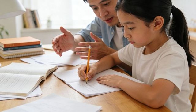 Parent tutoring child at desk writing homework, focused learning and study collaboration