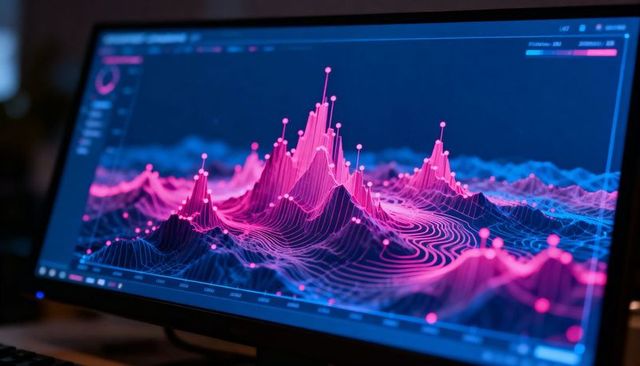 Neon 3D Data Waveform Visualization on Monitor Showing Futuristic Analytics and Insights