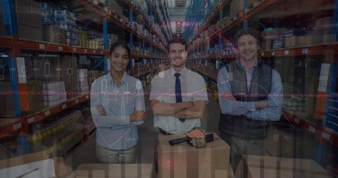 Diverse team in warehouse overlaid with data processing visualization