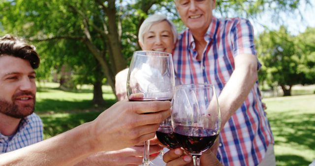 Family enjoying a celebratory toast with red wine outside on a sunny day in the park. Ideal for promoting family events, gatherings, outdoor activities, celebrations, wine brands, joyful moments, lifestyle blogs.