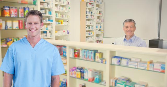 Pharmacists standing in a modern pharmacy surrounded by shelves filled with medicine and pharmaceutical products. This image can be used for healthcare promotions, pharmacy ads, websites related to medicine, and educational material about pharmaceutical services.