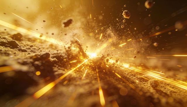 Bursting golden flare radiating light streaks and glowing dust particles in macro closeup