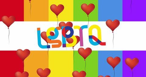 Heart Balloons and LGBTQ Text on Rainbow Background