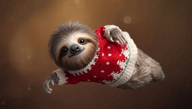 Adorable sloth floating in cozy red christmas sweater smiling with visible claws
