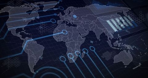 Global network map with glowing nodes, analytics overlays and data visualization