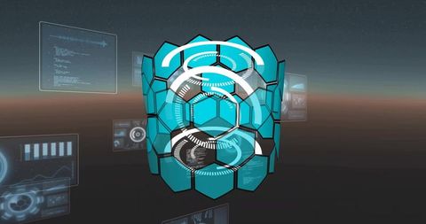 Cyan hexagonal hologram cylinder projecting rotating hud rings over starfield horizon
