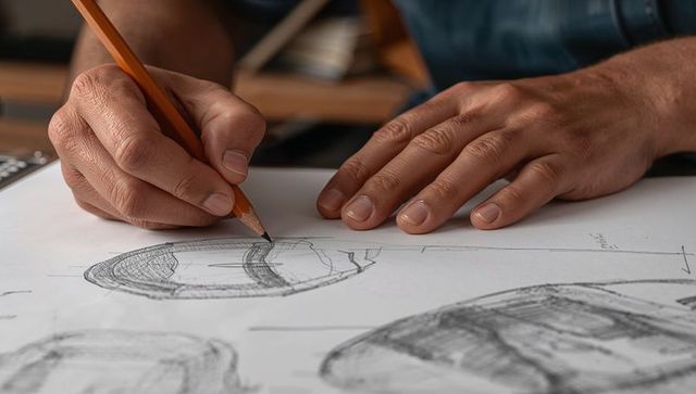Industrial designer sketching helmet concept with pencil, shading and studio workspace