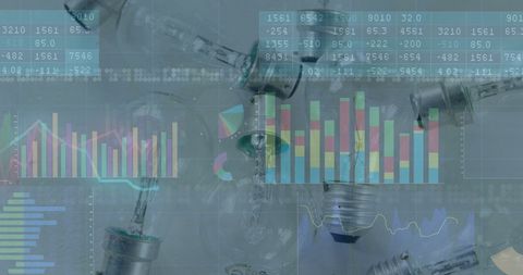 Financial data analysis conceptual overlay on light bulbs