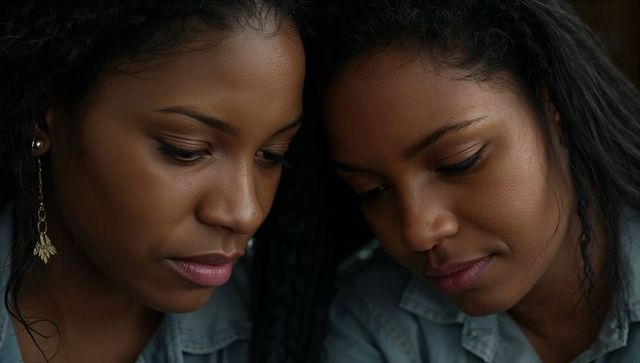 Intimate closeup portrait showing two women leaning together in moody soft light, contemplative conn