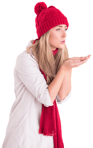 Festive Woman in Red Winter Hat on Transparent Background