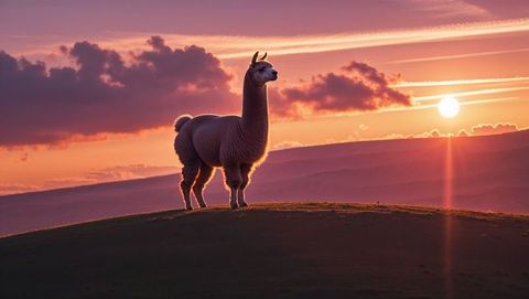 Lone brown llama on sunset hill summit with scenic views
